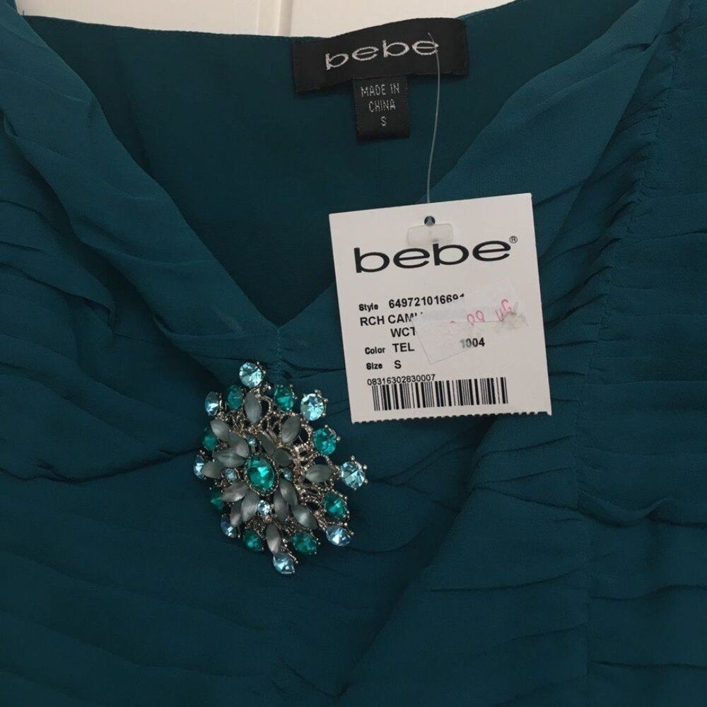 Vintage Y2K Bebe Teal Silk Pleated Cami Top Jeweled Brooch NWT Small - Picture 5 of 8